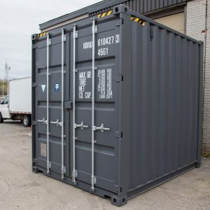 High Cube contenedor de 10 pies — (9′6″) un viaje — sellado contra viento y agua tipo Conex, vista exterior