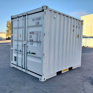 Contenedor de 10 × 8 pies — (Blanco) un viaje — sellado contra viento y agua tipo Conex, vista exterior
