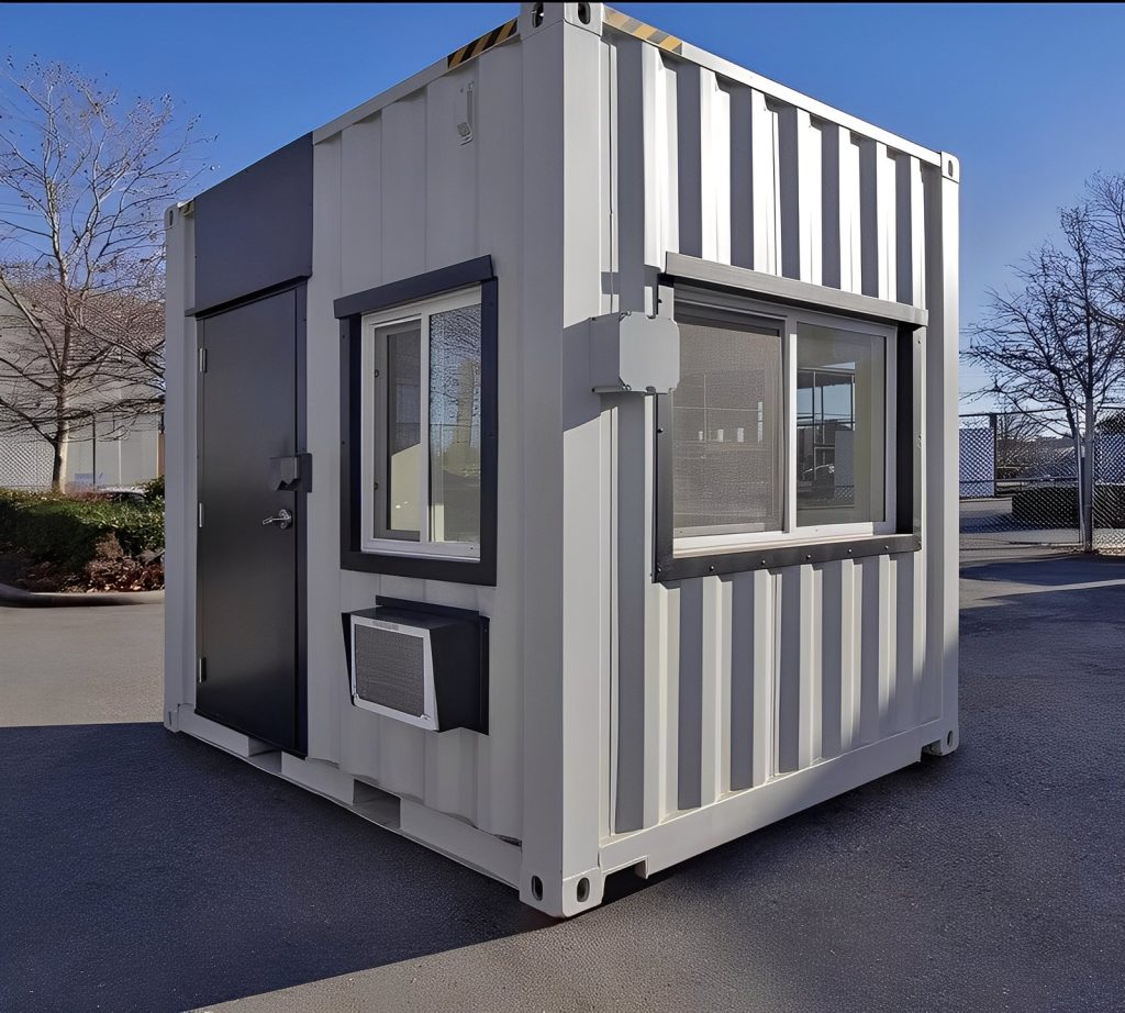 High Cube oficina contenedor móvil de 10 × 10 pies — aislado llave en mano espacio de trabajo, vista exterior