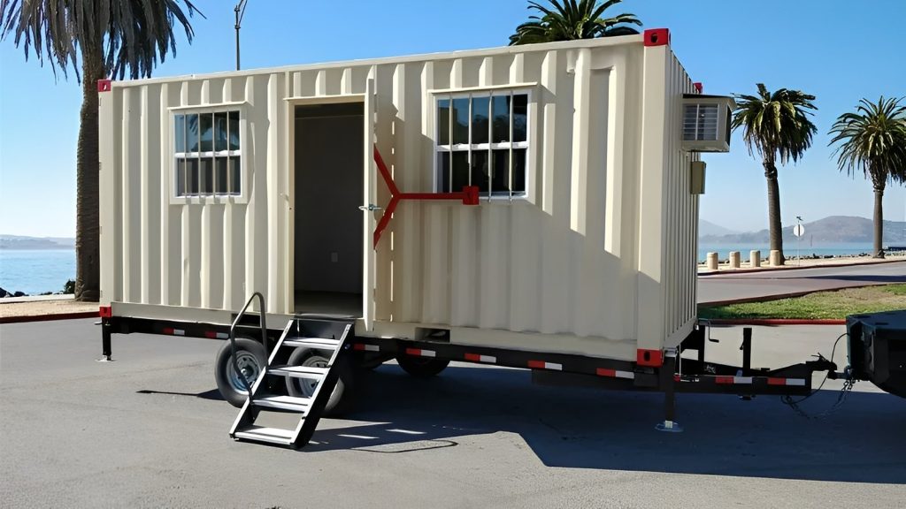 Oficina contenedor con remolque móvil de 20 pies — listo para remolcar obra espacio de trabajo, vista exterior