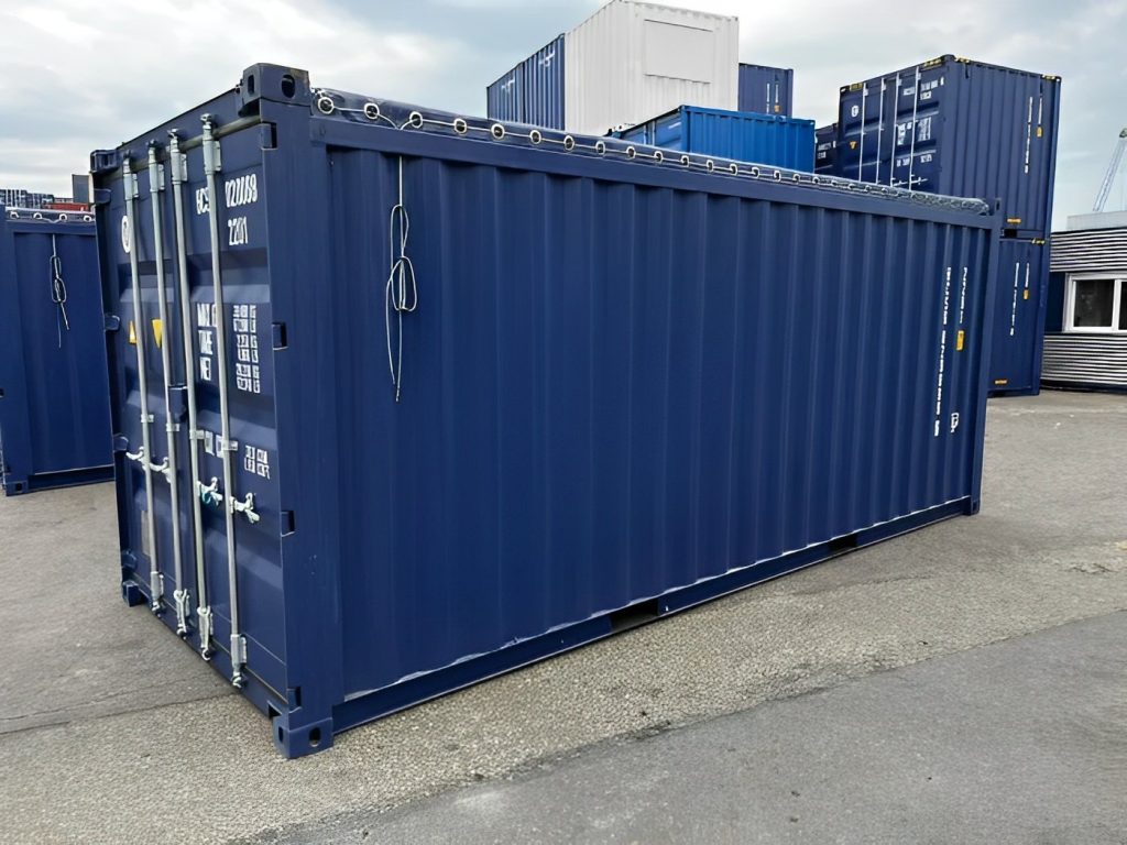 Contenedor de techo abierto de 20 pies — un viaje — arcos removibles y lona, vista exterior