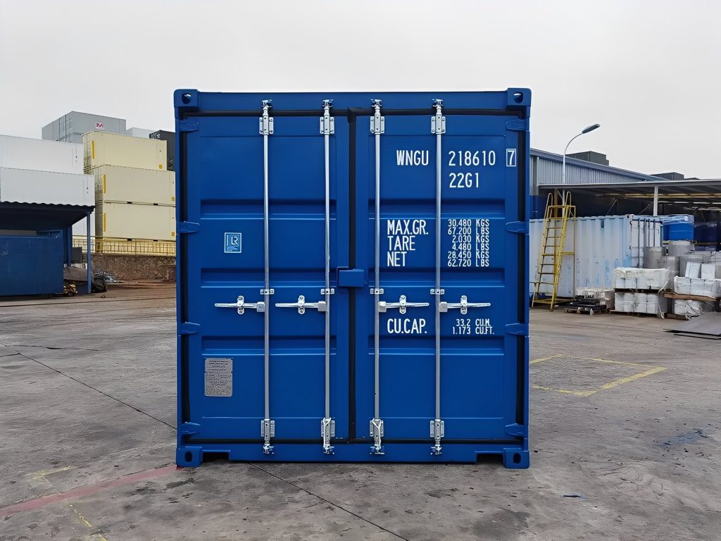 Contenedor de 20 pies — (Azul) un viaje — sellado contra viento y agua tipo Conex, vista exterior