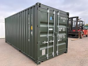 Contenedor de 20 pies — (Verde Oscuro) un viaje — sellado contra viento y agua tipo Conex, vista exterior