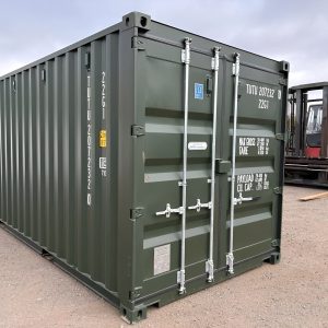 Contenedor de 20 pies — (Verde Oscuro) un viaje — sellado contra viento y agua tipo Conex, vista exterior