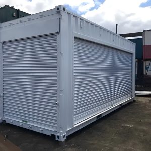 High Cube cortina enrollable contenedor de 20 × 8 pies — Full-lateral acceso con cortina eléctrica, vista exterior