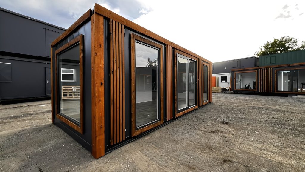 Oficina de obra / sala de ventas de 24 × 10 pies — caseta de exhibición reacondicionada, vista exterior
