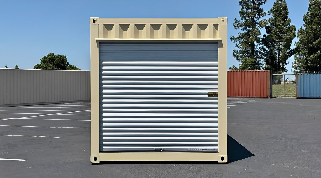 Contenedor con puerta enrollable reacondicionado de 30 pies — sellado contra viento y agua, vista exterior