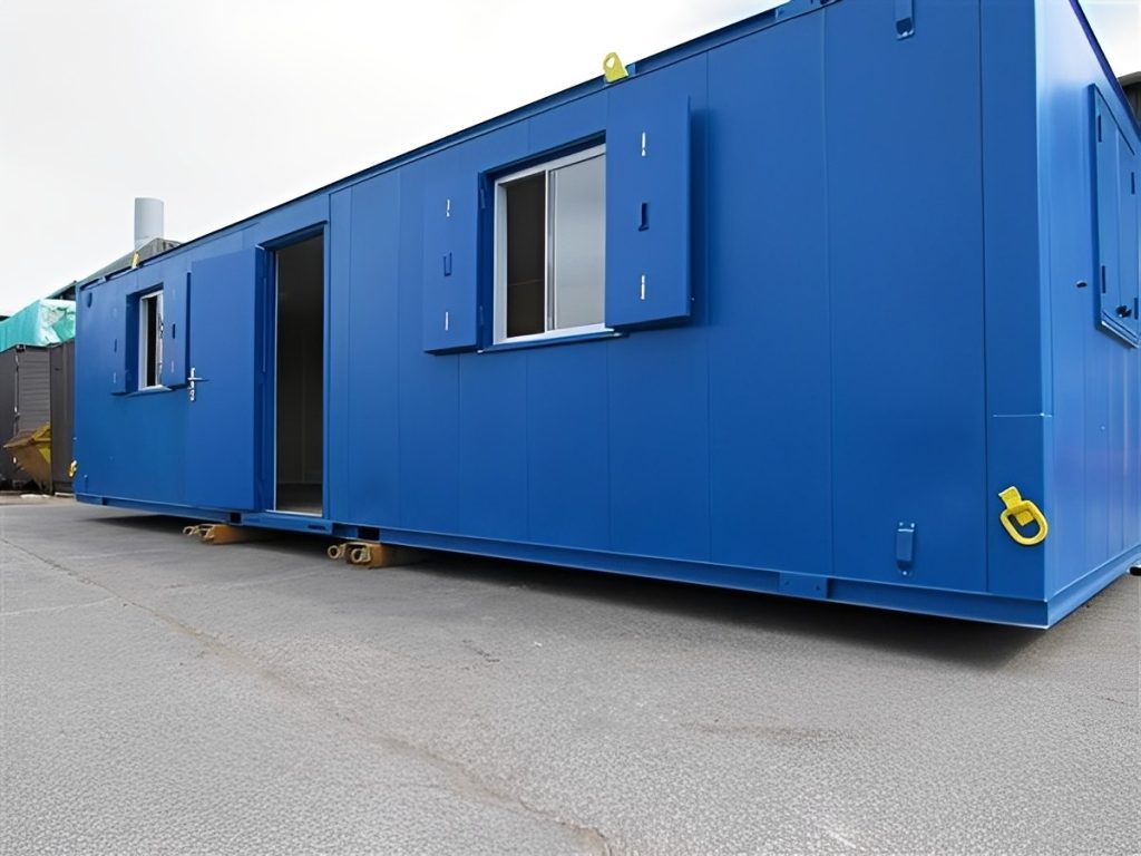 Oficina antivandálica de nueva fabricación de 32 × 10 pies — de acero caseta de obra de planta abierta, vista exterior