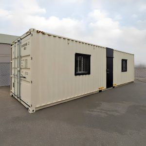 Caseta oficina contenedor de planta abierta de 35 pies — aislado y climatizado espacio de trabajo, vista exterior