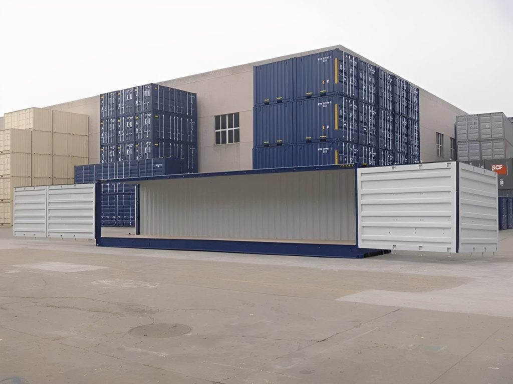 Apertura lateral completa contenedor de 40 pies — High Cube (9′6″) — un viaje, sellado contra viento y agua, vista exterior
