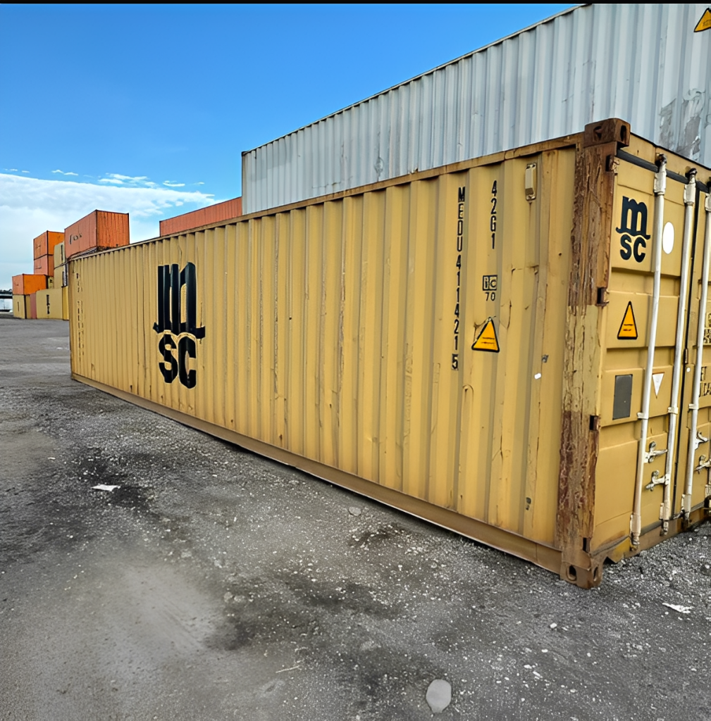 Contenedor usado de 40 × 8 pies — estándar — sellado contra viento y agua tipo Conex, vista exterior