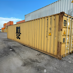 Contenedor usado de 40 × 8 pies — estándar — sellado contra viento y agua tipo Conex, vista exterior