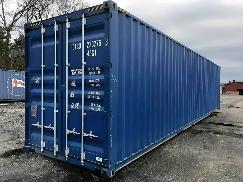 High Cube contenedor de 40 pies — (9′6″ High) un viaje — sellado contra viento y agua tipo Conex, vista exterior