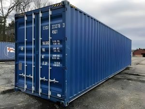High Cube contenedor de 40 pies — (9′6″ High) un viaje — sellado contra viento y agua tipo Conex, vista exterior