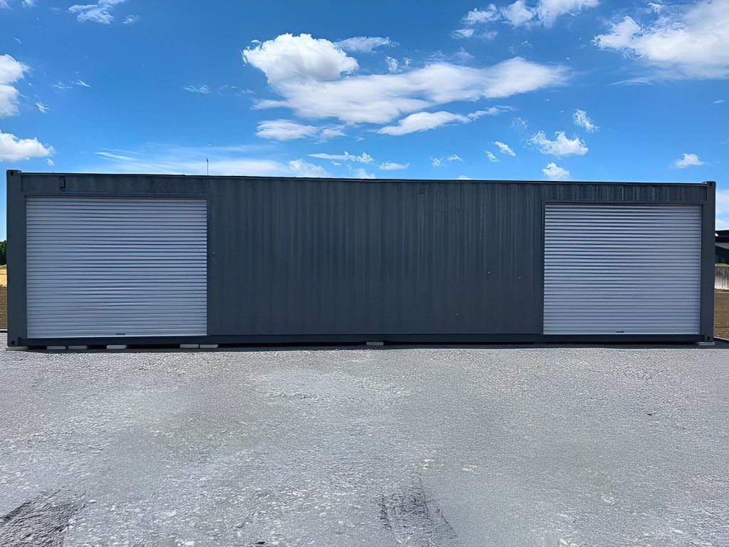Contenedor con doble puerta enrollable de 40 pies — sellado contra viento y agua, vista exterior