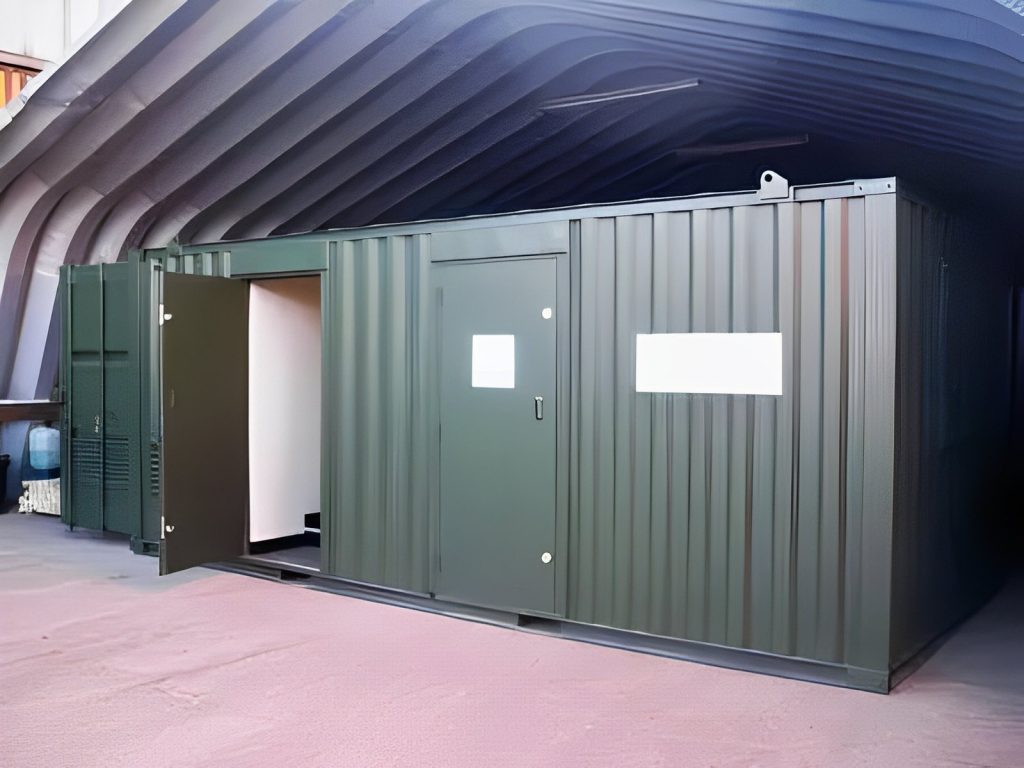Caseta de servicios de 20 × 9 pies — módulo con comedor y cuarto de secado autónomo, vista exterior