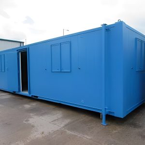 Caseta antivandálica de planta abierta de 32 × 10 pies — oficina segura portátil, vista exterior