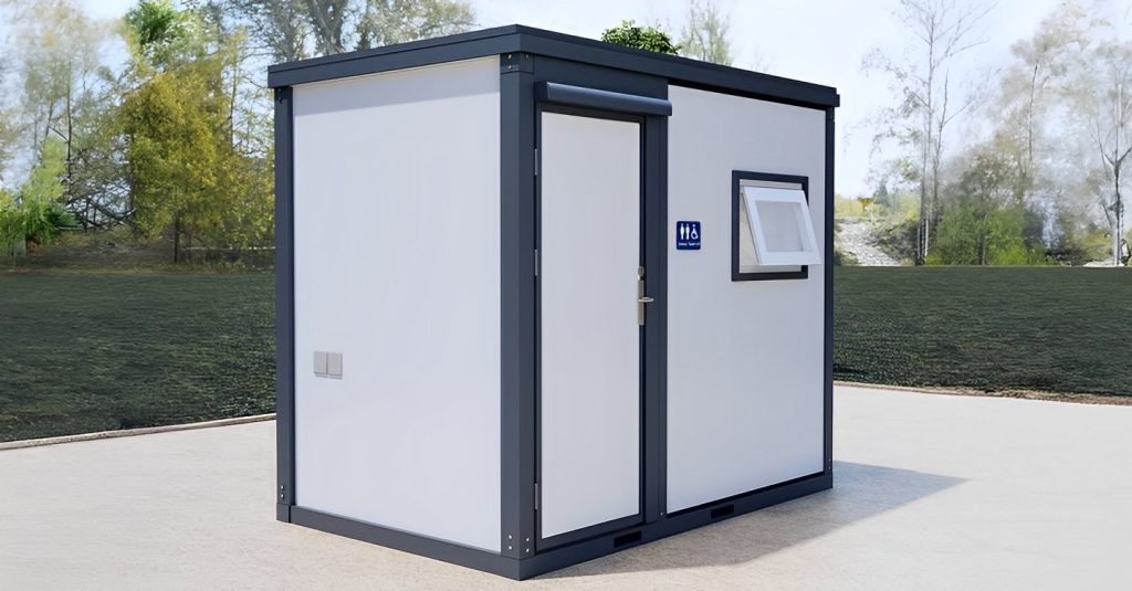 Baño accesible unisex portátil — módulo de acero accesible con plomería, vista exterior