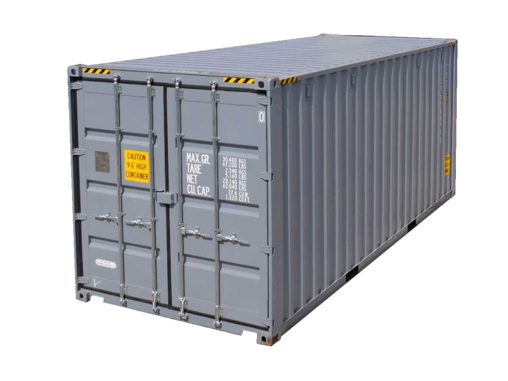 High Cube contenedor usado de 20 pies — grado A (9′6″) — sellado contra viento y agua tipo Conex, vista exterior